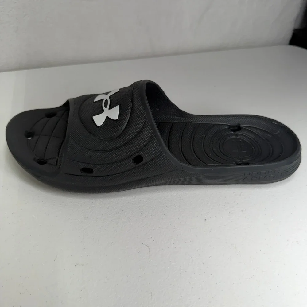 Under Armour Size 12 Slide Locker IV Black White Athletic Pool Gym Sandals